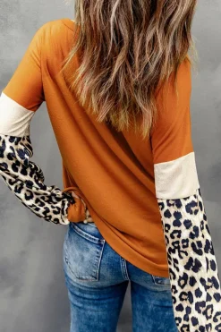 Clearance Dear-Lover Leopard Sequin Patchwork Long Sleeve Top Brown
