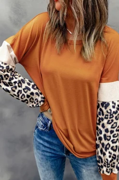 Clearance Dear-Lover Leopard Sequin Patchwork Long Sleeve Top Brown