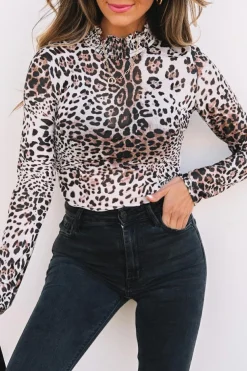 Outlet Dear-Lover Leopard Smocked Neck Mesh Long Sleeve Bodysuit Brown
