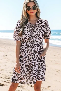Online Dear-Lover Leopard Tied Front Keyhole Puff Short Sleeve Mini Dress Brown