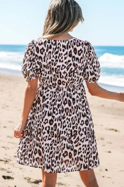 Online Dear-Lover Leopard Tied Front Keyhole Puff Short Sleeve Mini Dress Brown