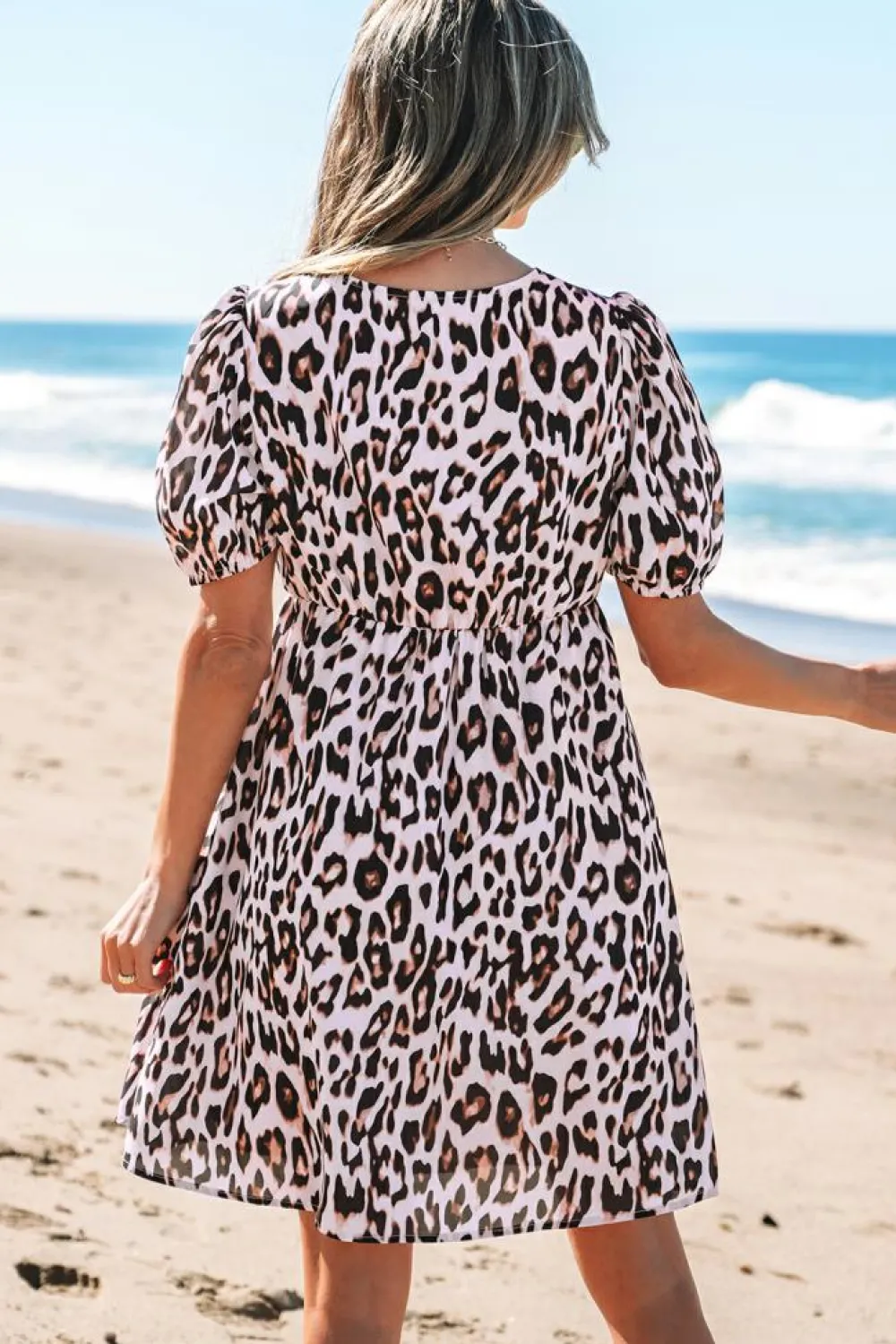 Online Dear-Lover Leopard Tied Front Keyhole Puff Short Sleeve Mini Dress Brown
