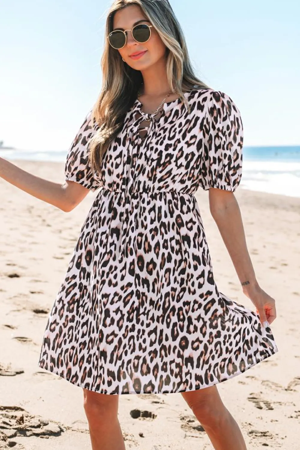 Online Dear-Lover Leopard Tied Front Keyhole Puff Short Sleeve Mini Dress Brown