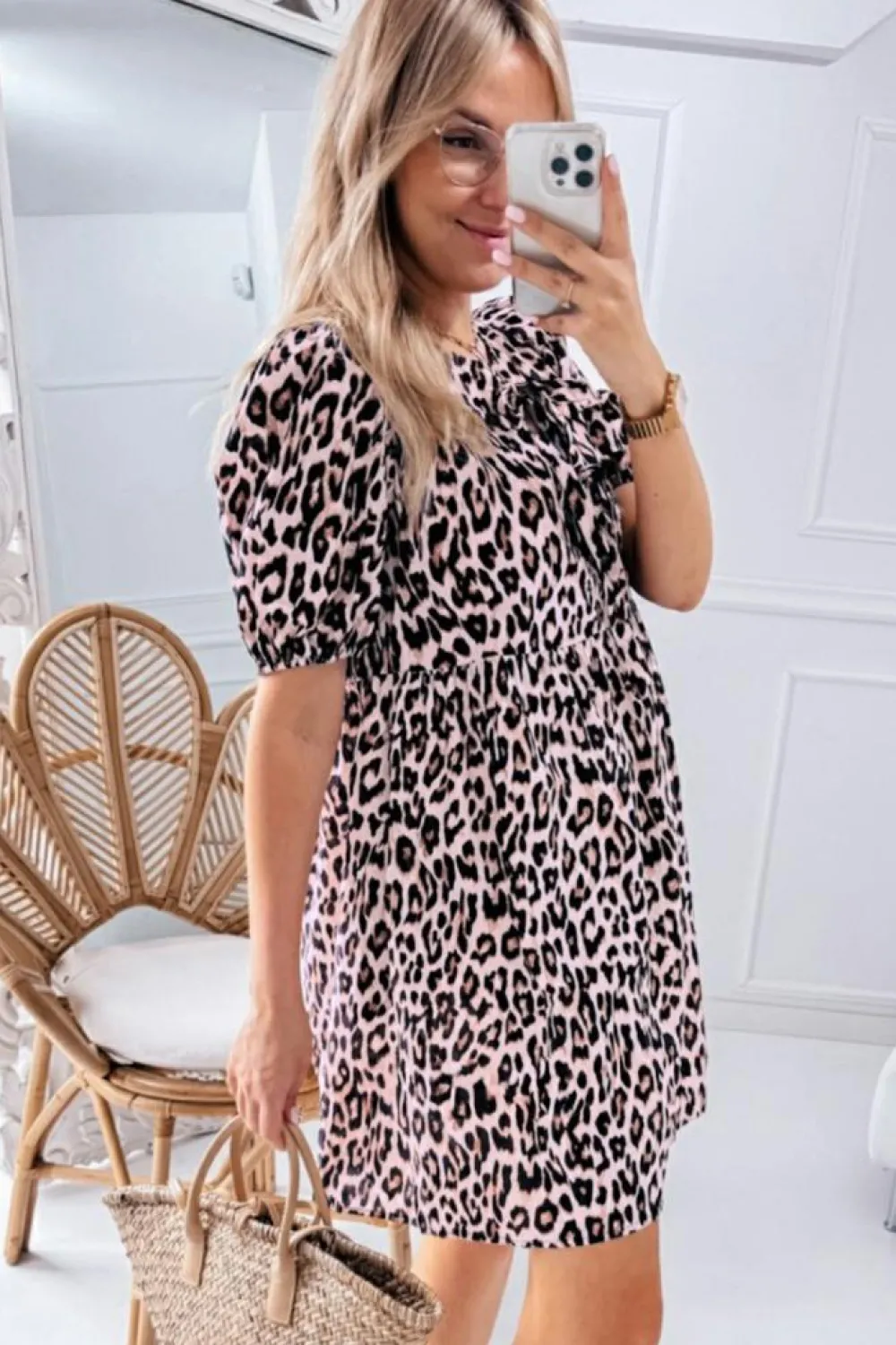 Online Dear-Lover Leopard Tied Front Keyhole Puff Short Sleeve Mini Dress Brown