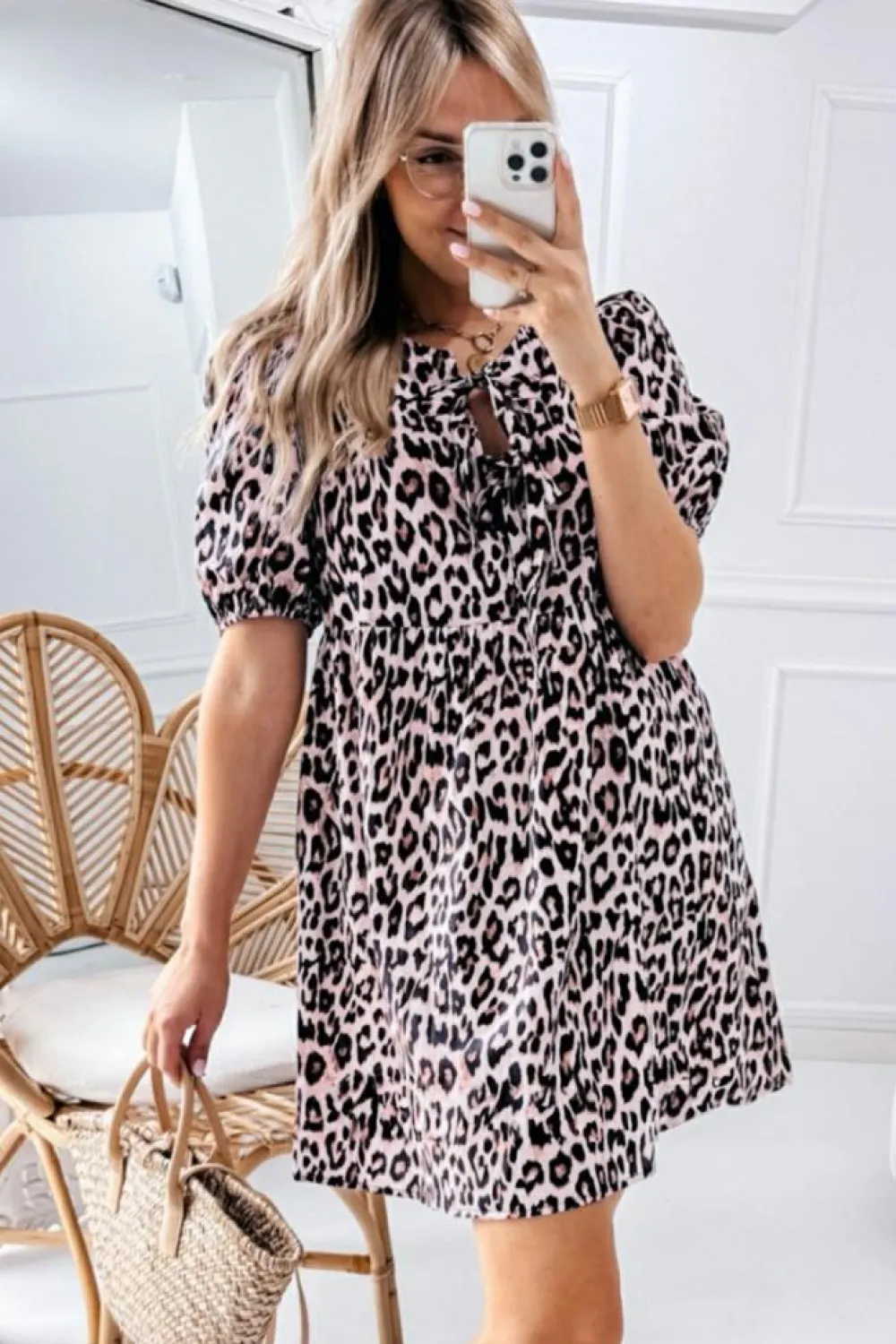 Online Dear-Lover Leopard Tied Front Keyhole Puff Short Sleeve Mini Dress Brown