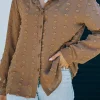 New Dear-Lover Long Sleeve Button Fuzzy Polka Dot Shirt Brown