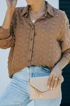 New Dear-Lover Long Sleeve Button Fuzzy Polka Dot Shirt Brown