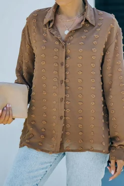 New Dear-Lover Long Sleeve Button Fuzzy Polka Dot Shirt Brown