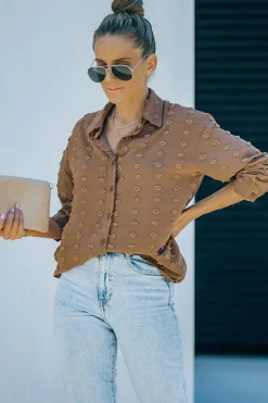 New Dear-Lover Long Sleeve Button Fuzzy Polka Dot Shirt Brown