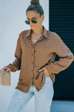 New Dear-Lover Long Sleeve Button Fuzzy Polka Dot Shirt Brown