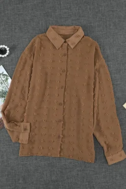New Dear-Lover Long Sleeve Button Fuzzy Polka Dot Shirt Brown