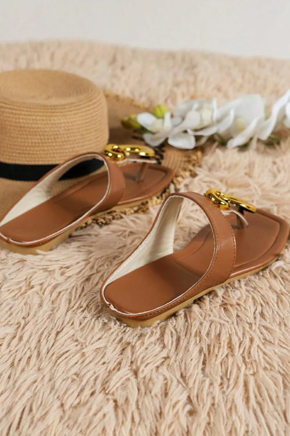 Online Dear-Lover Metal Rings Decor Square Toe Flat Slippers Brown