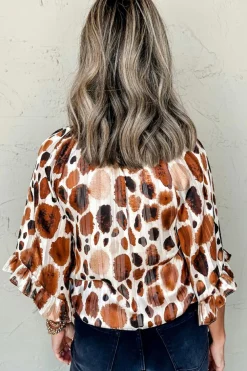 Best Dear-Lover Metallic Threading Accents Pleated Abstract Printed Ruffled 3/4 Sleeve Blouse Brown
