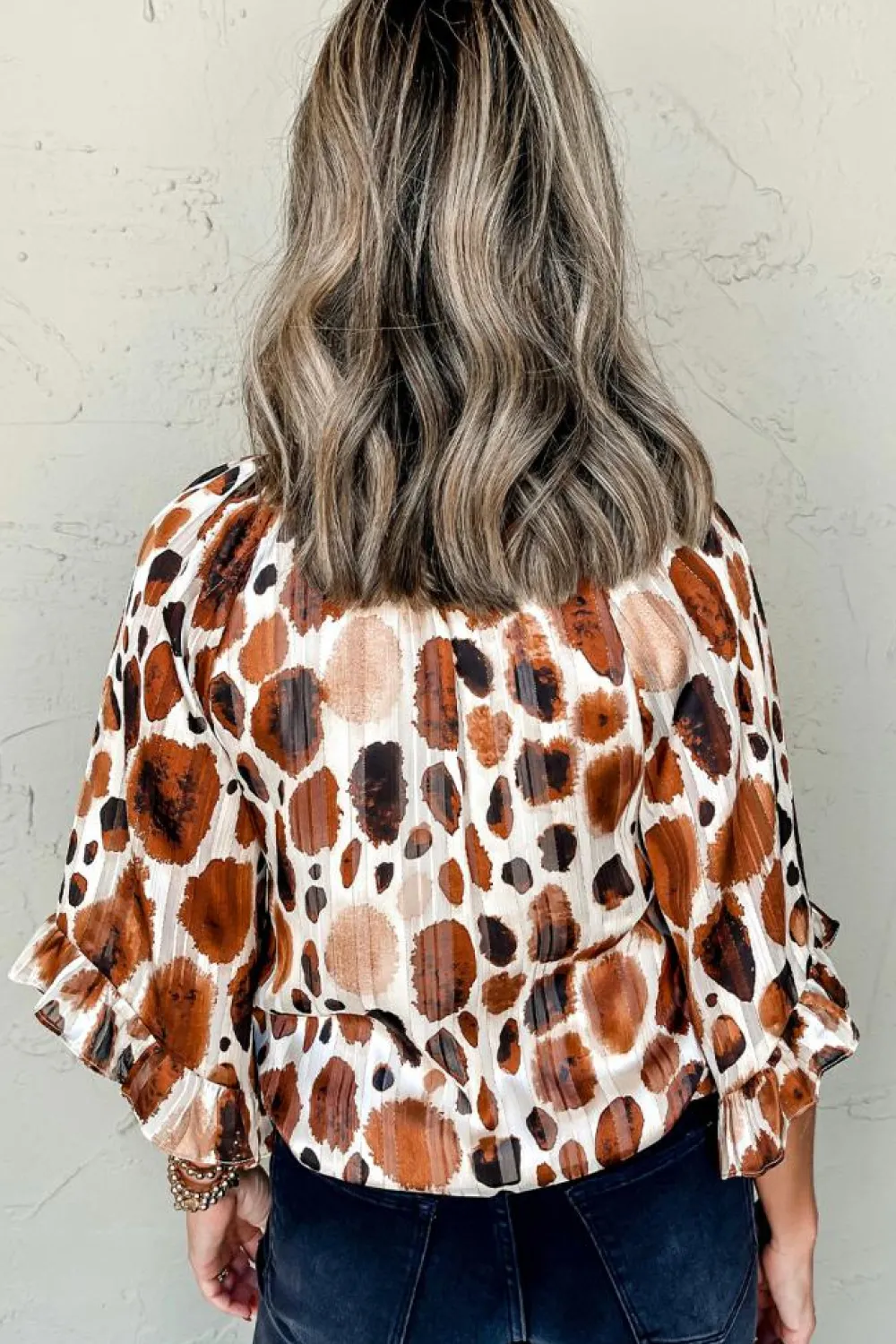 Best Dear-Lover Metallic Threading Accents Pleated Abstract Printed Ruffled 3/4 Sleeve Blouse Brown