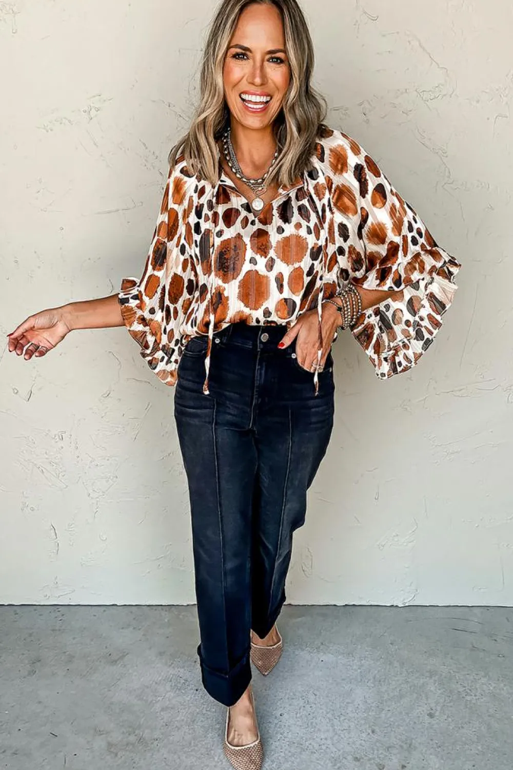 Best Dear-Lover Metallic Threading Accents Pleated Abstract Printed Ruffled 3/4 Sleeve Blouse Brown