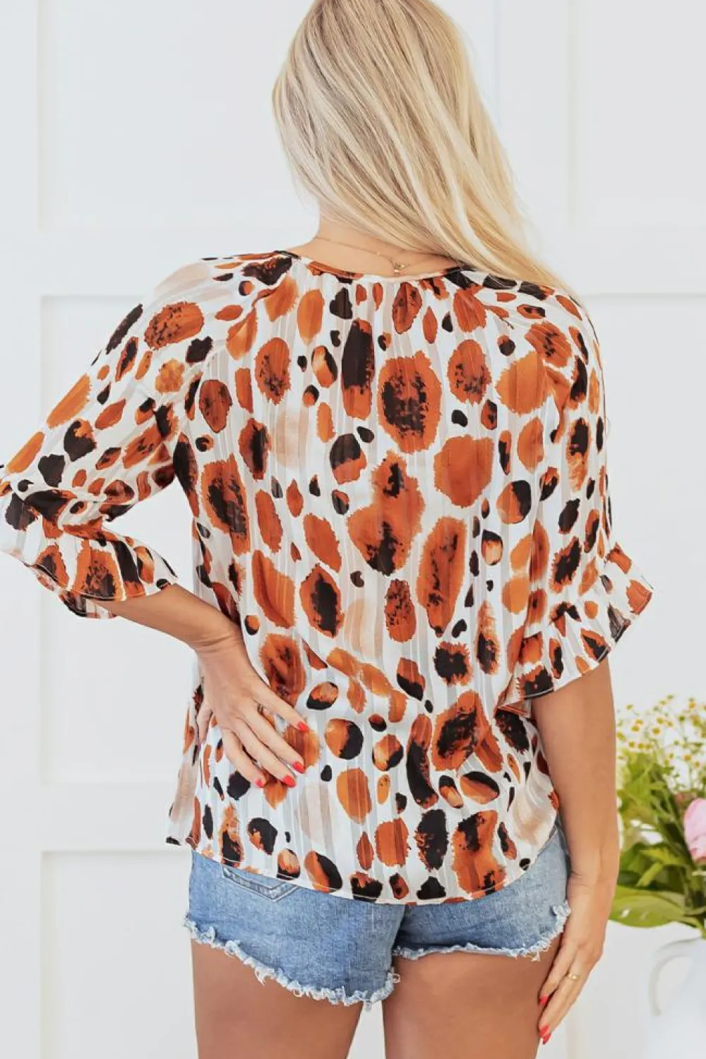 Best Dear-Lover Metallic Threading Accents Pleated Abstract Printed Ruffled 3/4 Sleeve Blouse Brown