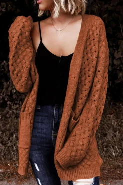 Outlet Dear-Lover Open Front Woven Texture Knitted Cardigan with Pockets Brown