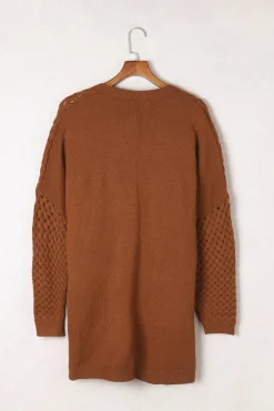 Outlet Dear-Lover Open Front Woven Texture Knitted Cardigan with Pockets Brown