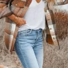 Online Dear-Lover Brown Plaid Flap Pockets Shacket Gold Flame