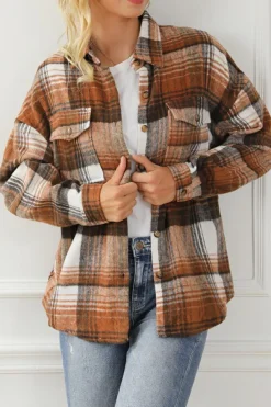 Online Dear-Lover Brown Plaid Flap Pockets Shacket Gold Flame