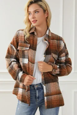 Online Dear-Lover Brown Plaid Flap Pockets Shacket Gold Flame