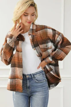 Online Dear-Lover Brown Plaid Flap Pockets Shacket Gold Flame