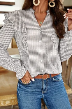 Outlet Dear-Lover Plaid Flounce Sleeve Notched Neck Ruffled Shirt Brown