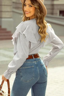 Outlet Dear-Lover Plaid Flounce Sleeve Notched Neck Ruffled Shirt Brown