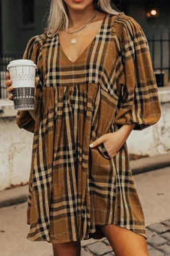 New Dear-Lover Plaid Pattern Empire Waist Babydoll Dress Brown