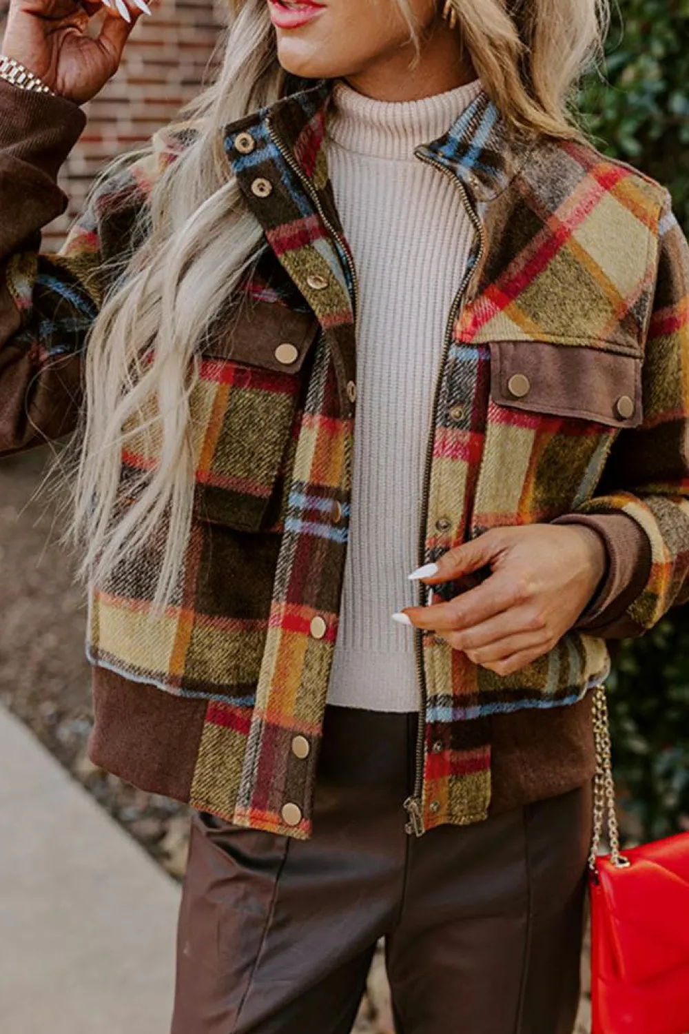 Outlet Dear-Lover Plaid Print Chest Pockets Button Zipper Stand Neck Jacket Brown