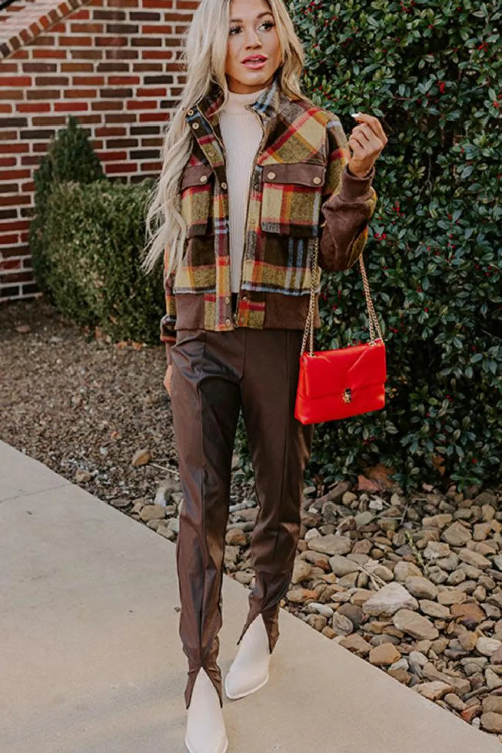 Outlet Dear-Lover Plaid Print Chest Pockets Button Zipper Stand Neck Jacket Brown