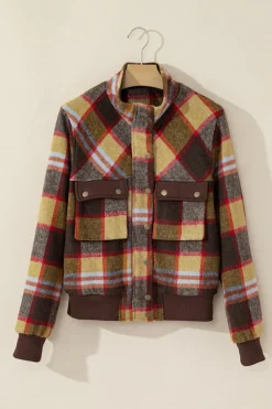 Outlet Dear-Lover Plaid Print Chest Pockets Button Zipper Stand Neck Jacket Brown