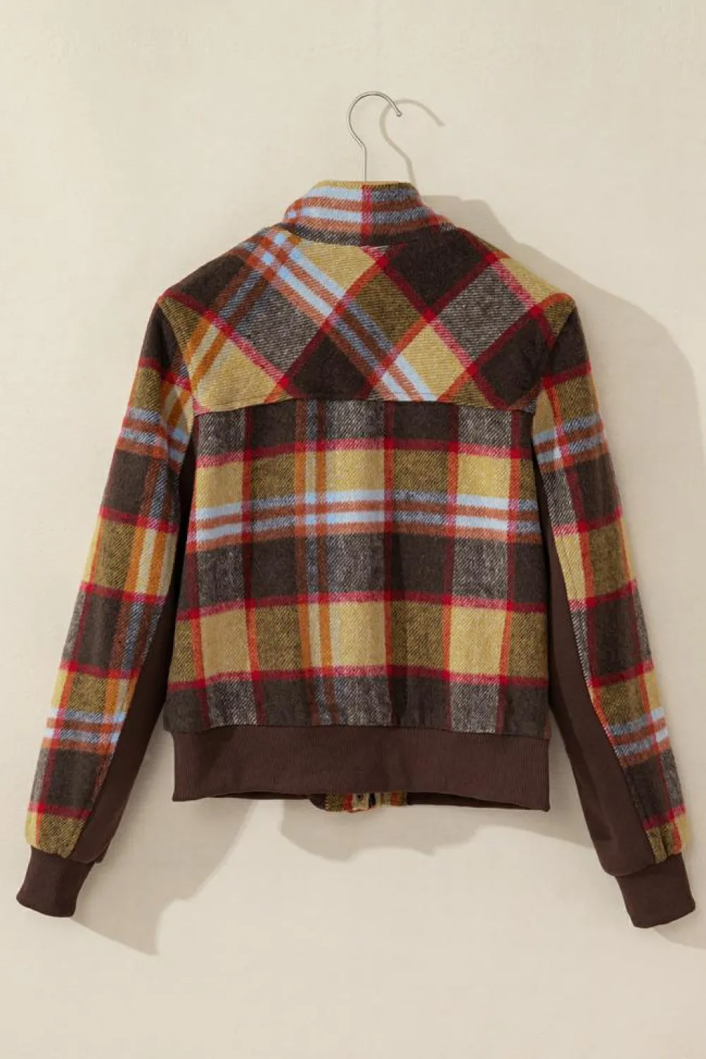 Outlet Dear-Lover Plaid Print Chest Pockets Button Zipper Stand Neck Jacket Brown