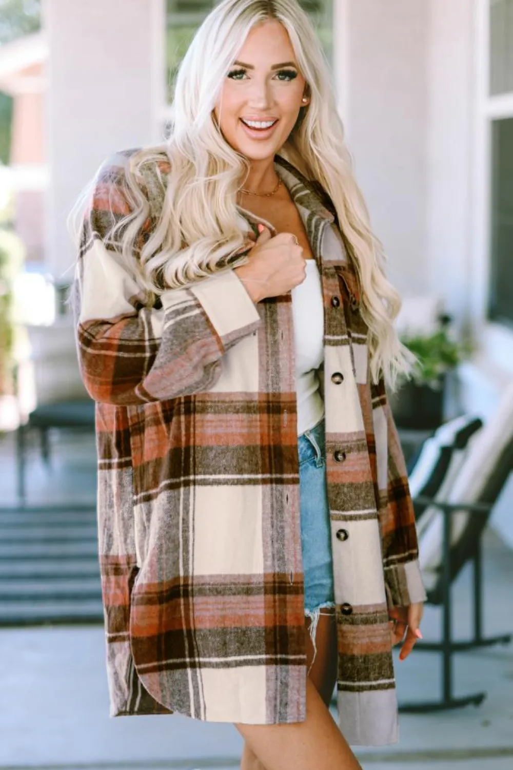 Best Dear-Lover Plaid Print Flap Pockets Long Shacket Brown