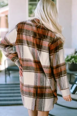 Best Dear-Lover Plaid Print Flap Pockets Long Shacket Brown