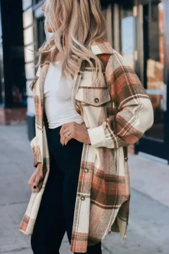 Best Dear-Lover Plaid Print Flap Pockets Long Shacket Brown