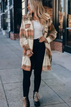 Best Dear-Lover Plaid Print Flap Pockets Long Shacket Brown