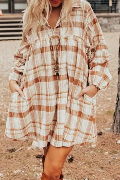 Sale Dear-Lover Plaid Print Side Pockets Frilled Babydoll Mini Dress Brown