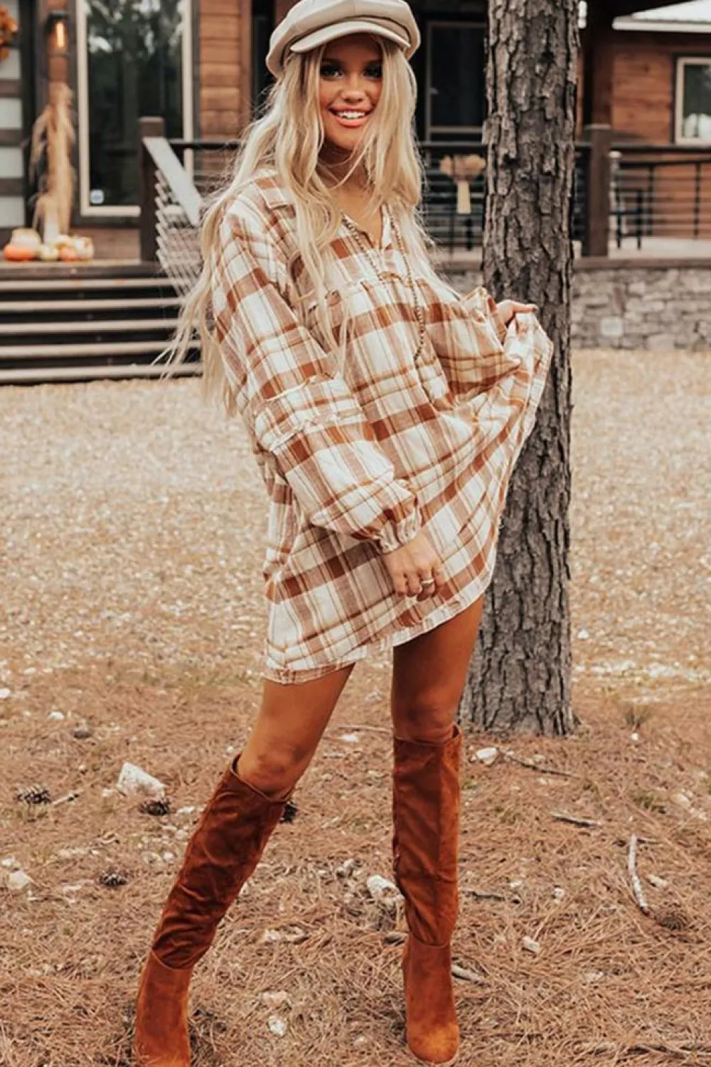 Sale Dear-Lover Plaid Print Side Pockets Frilled Babydoll Mini Dress Brown