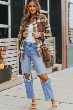 Clearance Dear-Lover Pocketed Buttoned Plaid Shirt Jacket Brown