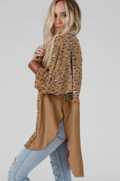 Clearance Dear-Lover Raw Edge Leopard Patchwork Oversized Blouse Brown Printed