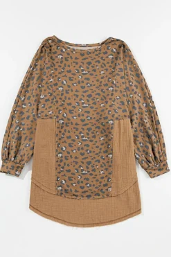 Clearance Dear-Lover Raw Edge Leopard Patchwork Oversized Blouse Brown Printed