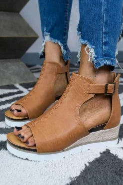 Discount Dear-Lover PU Cutout Buckle Strap Platform Sandals Brown