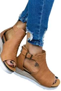 Discount Dear-Lover PU Cutout Buckle Strap Platform Sandals Brown