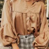 Best Dear-Lover Puff Sleeve Collared Pleated Babydoll Blouse Brown