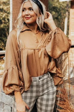 Best Dear-Lover Puff Sleeve Collared Pleated Babydoll Blouse Brown