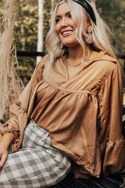 Best Dear-Lover Puff Sleeve Collared Pleated Babydoll Blouse Brown