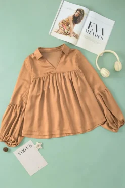 Best Dear-Lover Puff Sleeve Collared Pleated Babydoll Blouse Brown