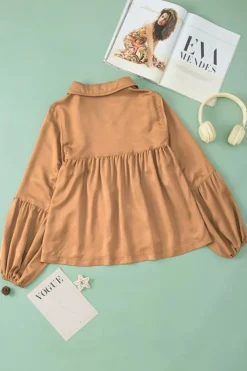 Best Dear-Lover Puff Sleeve Collared Pleated Babydoll Blouse Brown