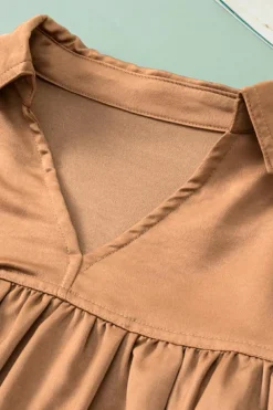 Best Dear-Lover Puff Sleeve Collared Pleated Babydoll Blouse Brown